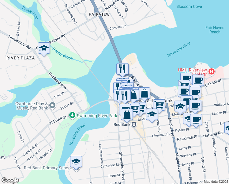 map of restaurants, bars, coffee shops, grocery stores, and more near 15 Rector Place in Red Bank