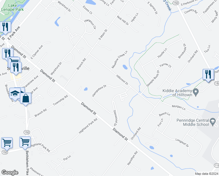map of restaurants, bars, coffee shops, grocery stores, and more near 165 Hampshire Drive in Sellersville