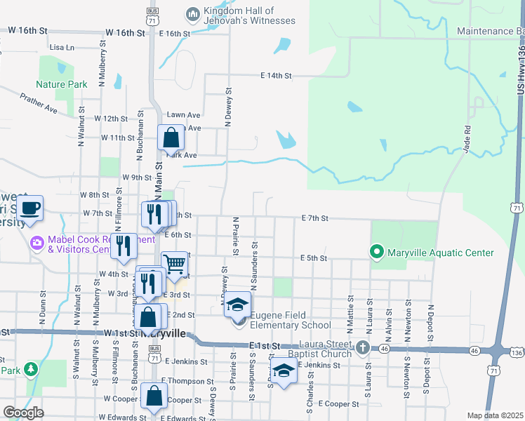map of restaurants, bars, coffee shops, grocery stores, and more near 622 E 7th St in Maryville