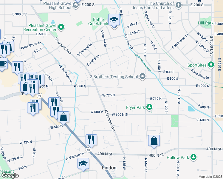 map of restaurants, bars, coffee shops, grocery stores, and more near 227 West 800 North in Lindon