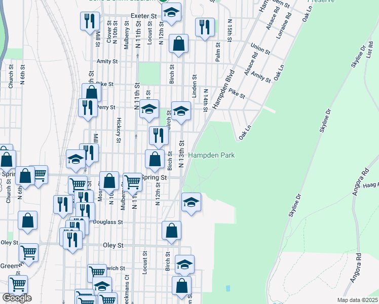 map of restaurants, bars, coffee shops, grocery stores, and more near 1102 Hampden Boulevard in Reading