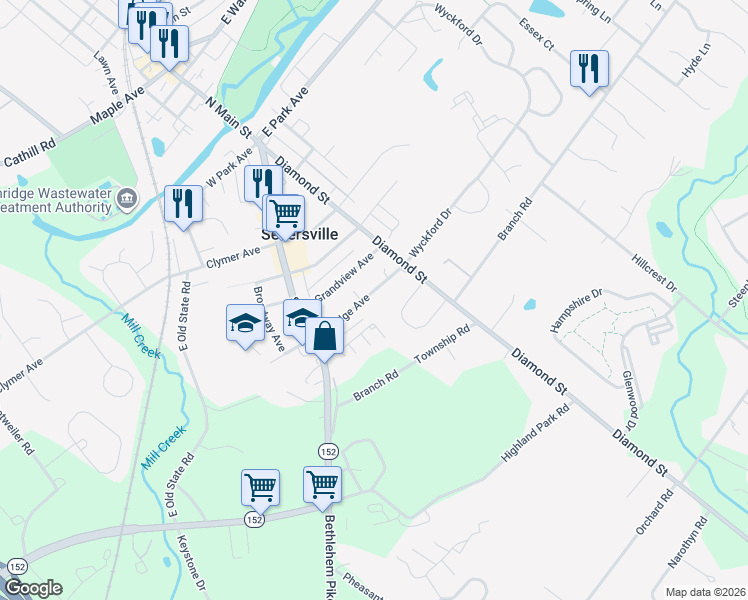 map of restaurants, bars, coffee shops, grocery stores, and more near 50 East Ridge Avenue in Sellersville