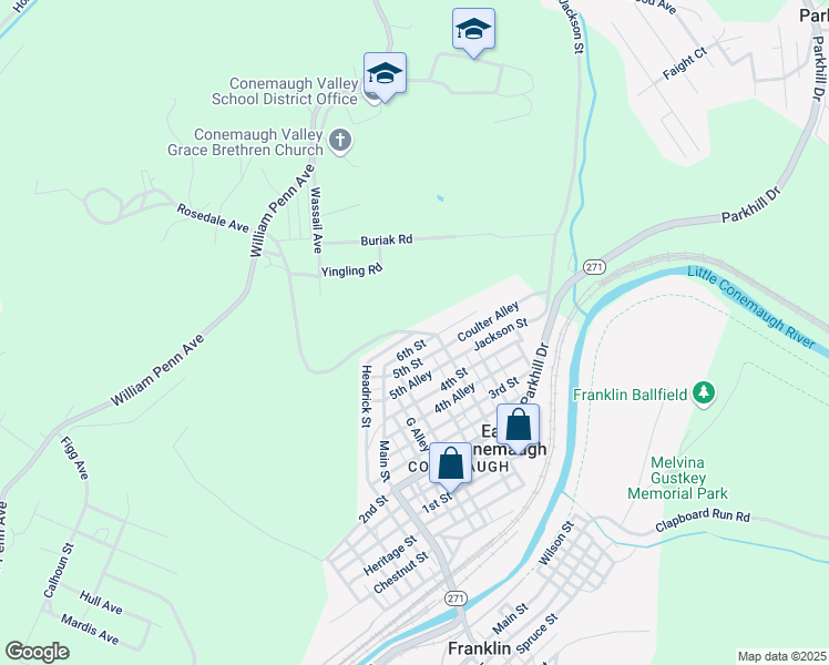 map of restaurants, bars, coffee shops, grocery stores, and more near 100 Headrick Street in Johnstown