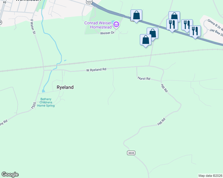 map of restaurants, bars, coffee shops, grocery stores, and more near 15 Vince Julia Ln in Womelsdorf