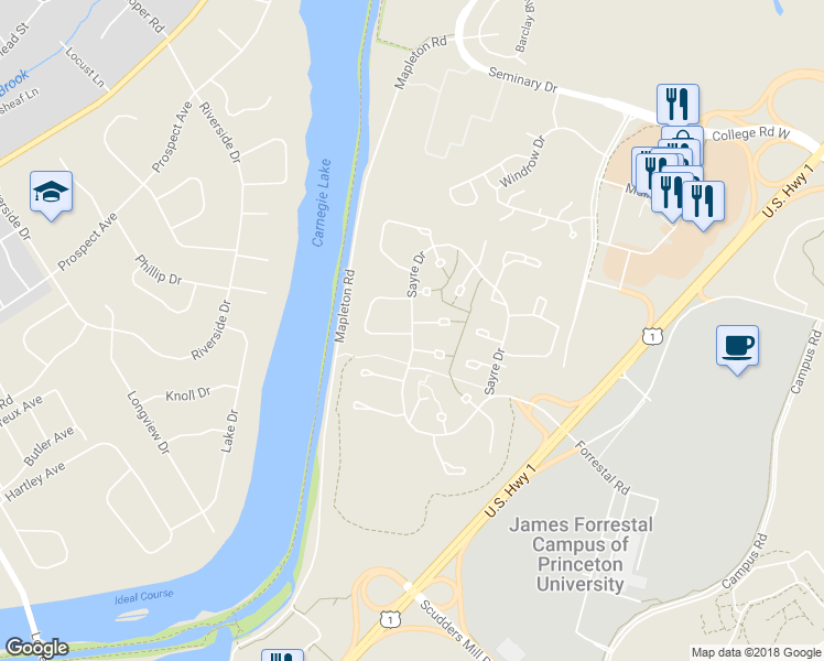 map of restaurants, bars, coffee shops, grocery stores, and more near 423 Sayre Drive in Princeton