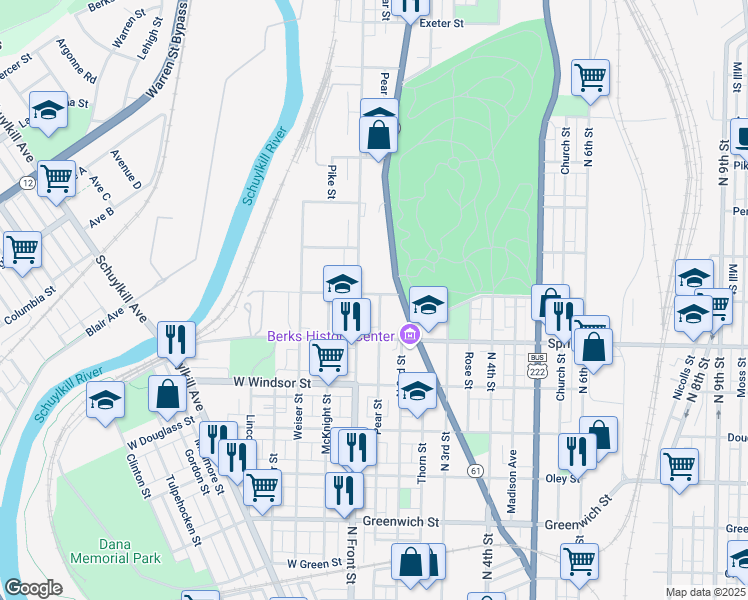 map of restaurants, bars, coffee shops, grocery stores, and more near 1040 Pear Street in Reading