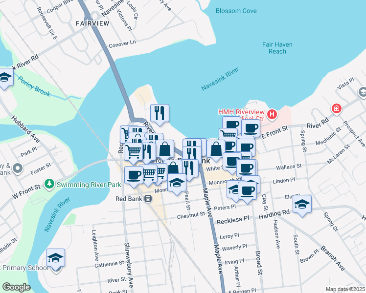 map of restaurants, bars, coffee shops, grocery stores, and more near 28 Riverside Avenue in Red Bank