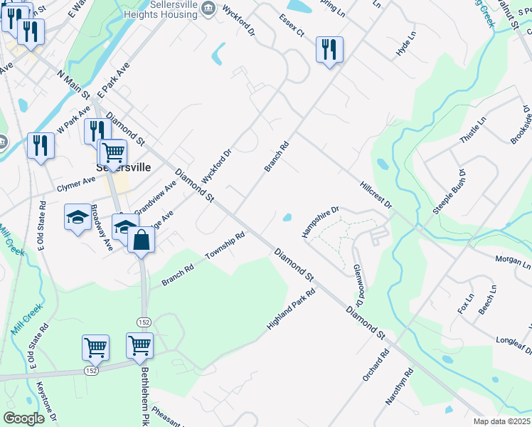 map of restaurants, bars, coffee shops, grocery stores, and more near 20 Loux Lane in Sellersville