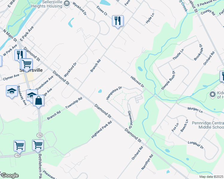 map of restaurants, bars, coffee shops, grocery stores, and more near 222 Hampshire Drive in Sellersville