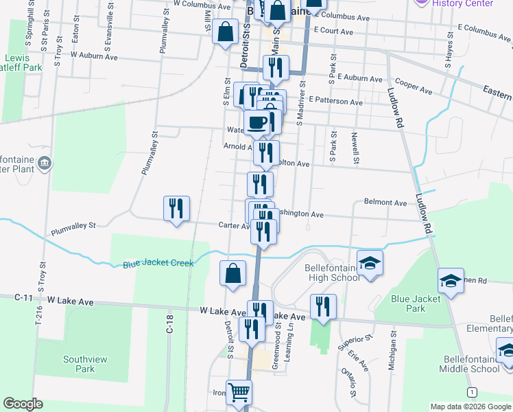 map of restaurants, bars, coffee shops, grocery stores, and more near 700 South Main Street in Bellefontaine