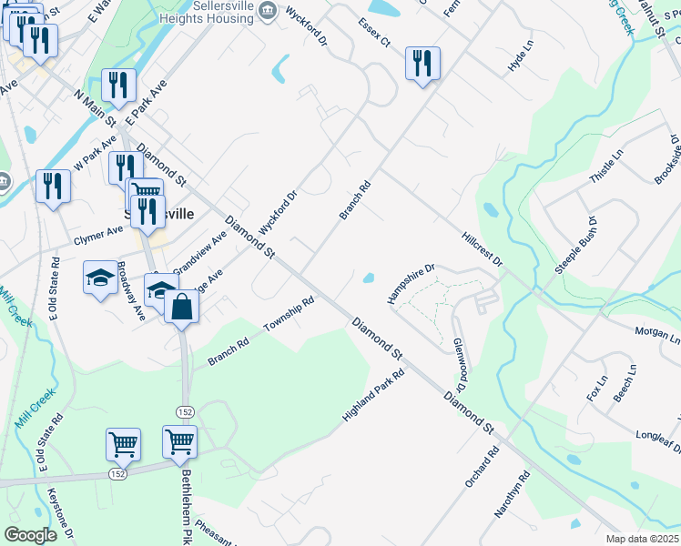map of restaurants, bars, coffee shops, grocery stores, and more near 20 Loux Lane in Sellersville