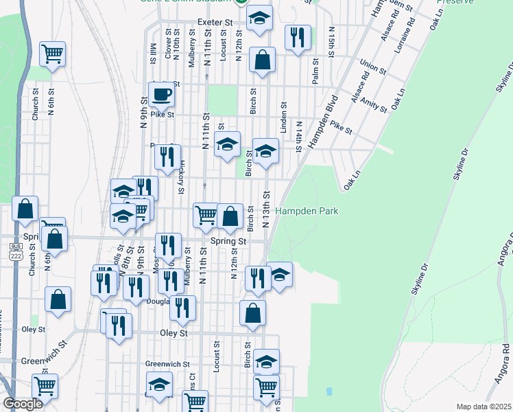 map of restaurants, bars, coffee shops, grocery stores, and more near 1233 Robeson Street in Reading