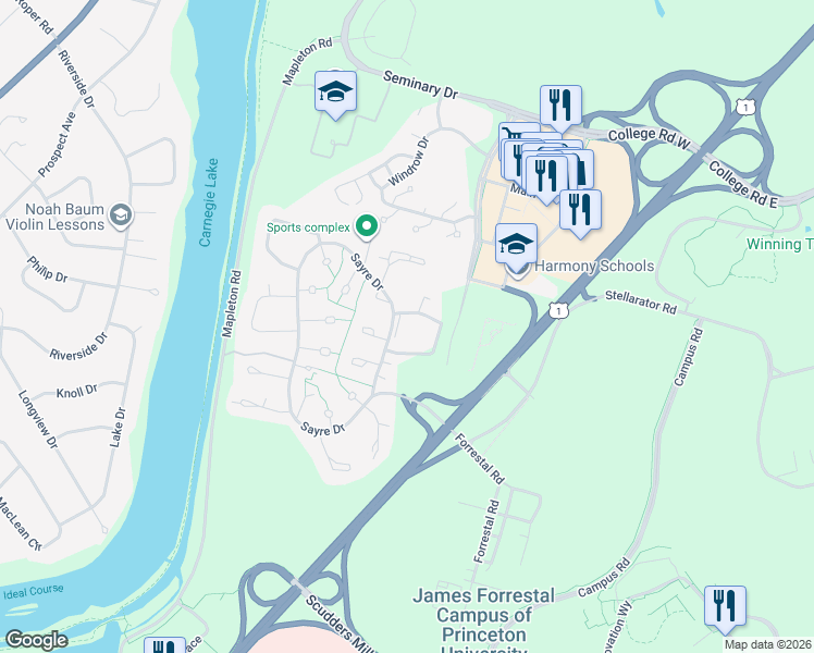 map of restaurants, bars, coffee shops, grocery stores, and more near 1301 Sayre Drive in Princeton