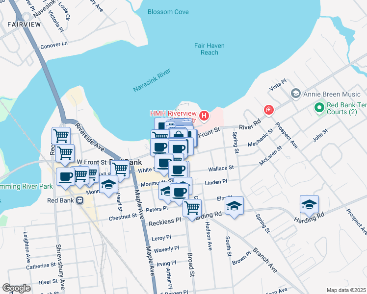 map of restaurants, bars, coffee shops, grocery stores, and more near 16 Broad Street in Red Bank