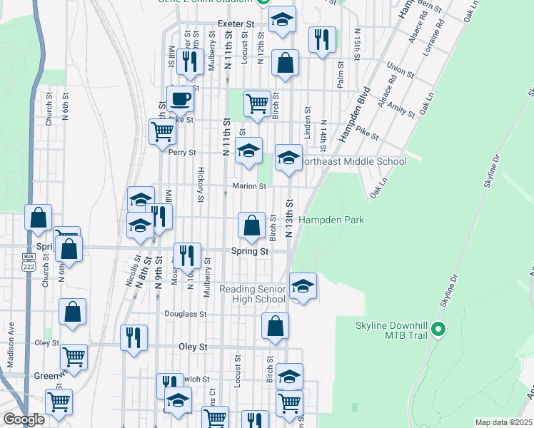 map of restaurants, bars, coffee shops, grocery stores, and more near 1055 North 12th Street in Reading