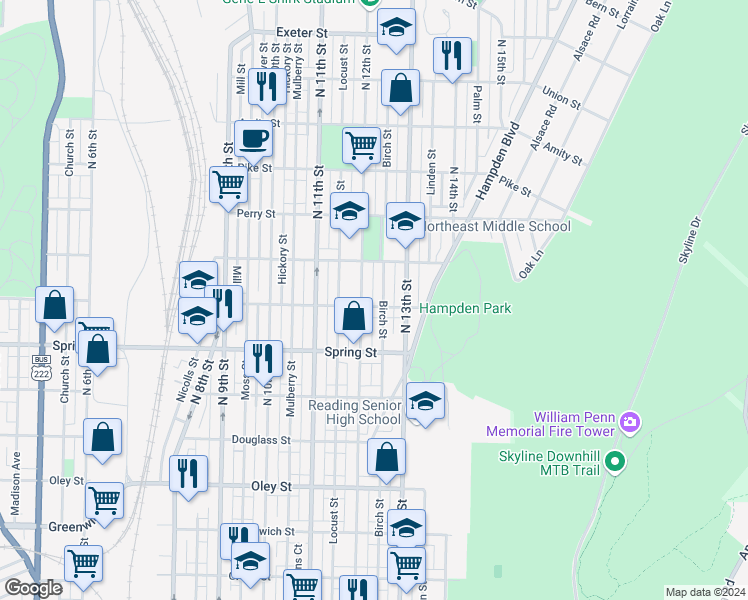 map of restaurants, bars, coffee shops, grocery stores, and more near 1055 North 12th Street in Reading