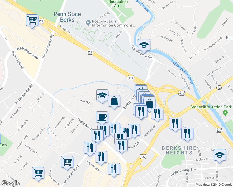 map of restaurants, bars, coffee shops, grocery stores, and more near 405 Peters Way in Wyomissing