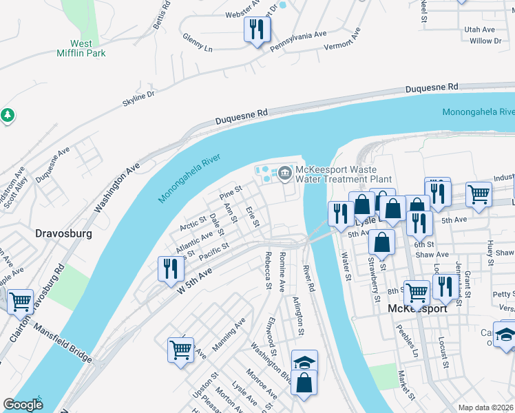 map of restaurants, bars, coffee shops, grocery stores, and more near 308 Rebecca Street in McKeesport