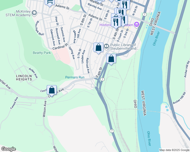 map of restaurants, bars, coffee shops, grocery stores, and more near 484-498 Lincoln Avenue in Steubenville