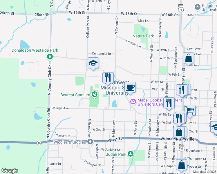map of restaurants, bars, coffee shops, grocery stores, and more near 800 University Drive in Maryville