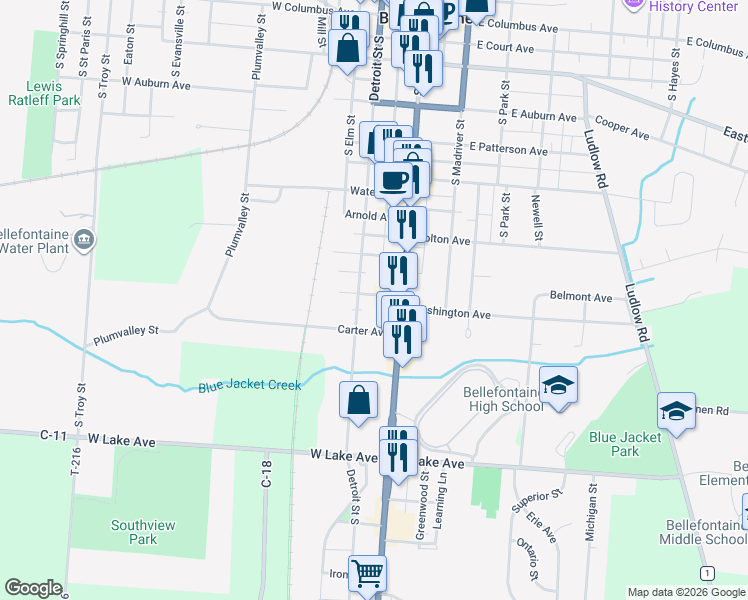 map of restaurants, bars, coffee shops, grocery stores, and more near 700 S Main St in Bellefontaine