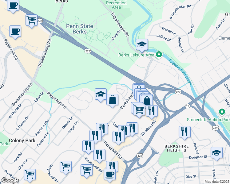 map of restaurants, bars, coffee shops, grocery stores, and more near 406 Peters Way in Wyomissing