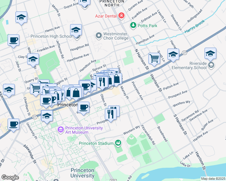 map of restaurants, bars, coffee shops, grocery stores, and more near 255 Nassau Street in Princeton