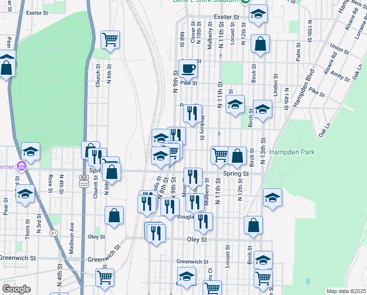 map of restaurants, bars, coffee shops, grocery stores, and more near 923 Robeson Street in Reading