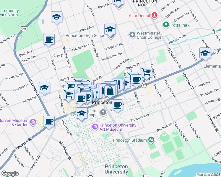 map of restaurants, bars, coffee shops, grocery stores, and more near 21 Park Place in Princeton
