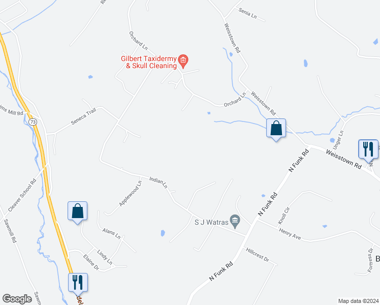 map of restaurants, bars, coffee shops, grocery stores, and more near 250 Indian Lane in Boyertown
