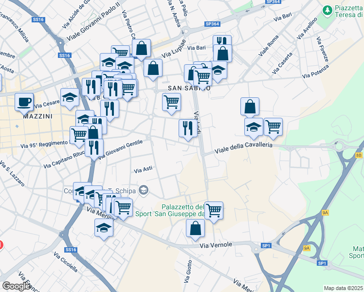 map of restaurants, bars, coffee shops, grocery stores, and more near 34-38 Via Francesco de Mura in Lecce