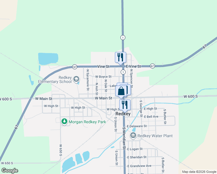 map of restaurants, bars, coffee shops, grocery stores, and more near W Plum St in Redkey