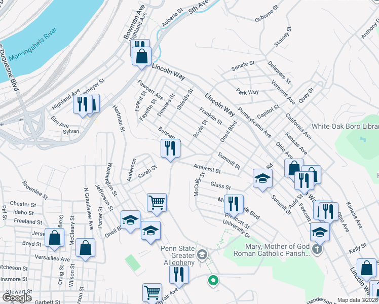 map of restaurants, bars, coffee shops, grocery stores, and more near 1006 Bennett Street in McKeesport