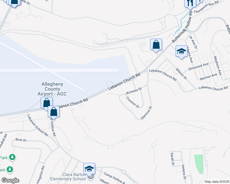map of restaurants, bars, coffee shops, grocery stores, and more near 3520 Brinway Drive in West Mifflin