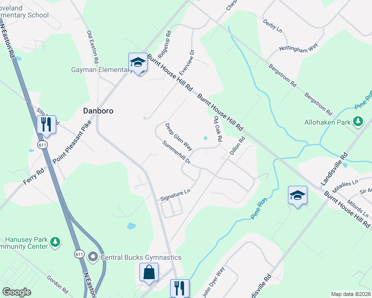 map of restaurants, bars, coffee shops, grocery stores, and more near 4535 Old Oak Road in Doylestown