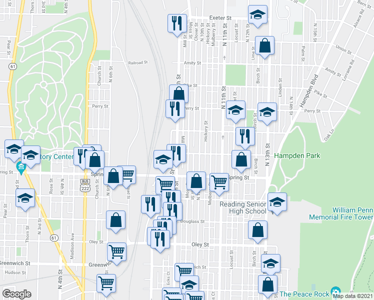 map of restaurants, bars, coffee shops, grocery stores, and more near 1054 North 10th Street in Reading