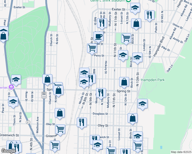 map of restaurants, bars, coffee shops, grocery stores, and more near 923 Robeson Street in Reading