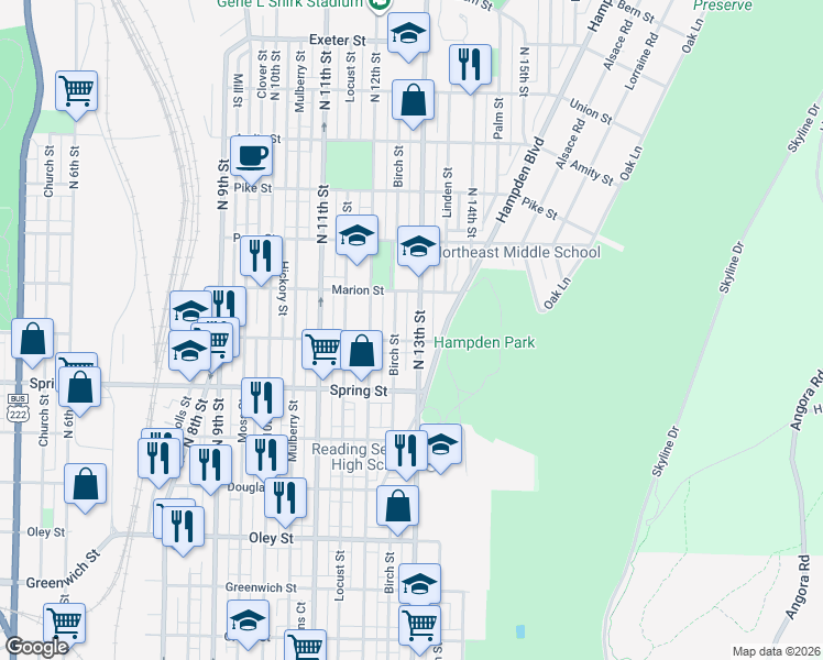 map of restaurants, bars, coffee shops, grocery stores, and more near 1244 Robeson Street in Reading