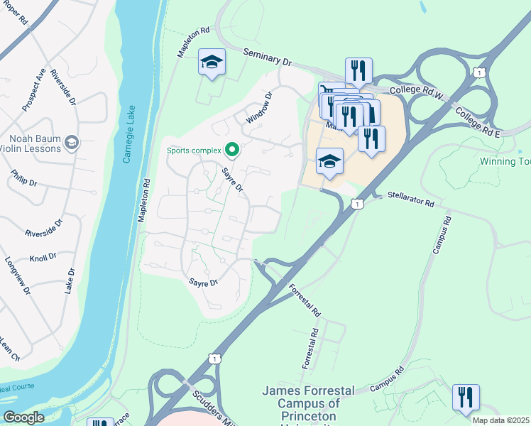 map of restaurants, bars, coffee shops, grocery stores, and more near 2214 Sayre Drive in Princeton