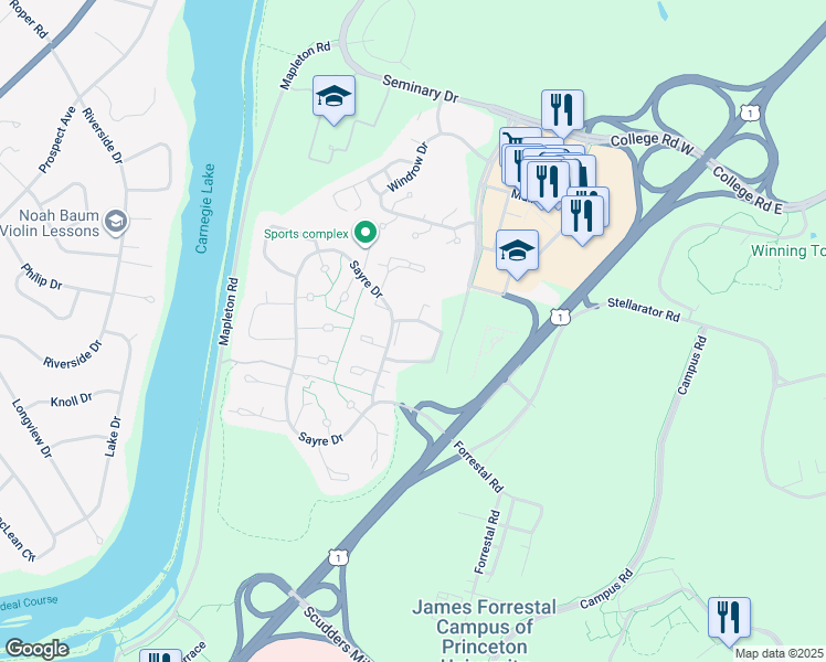 map of restaurants, bars, coffee shops, grocery stores, and more near 1301 Sayre Drive in Princeton