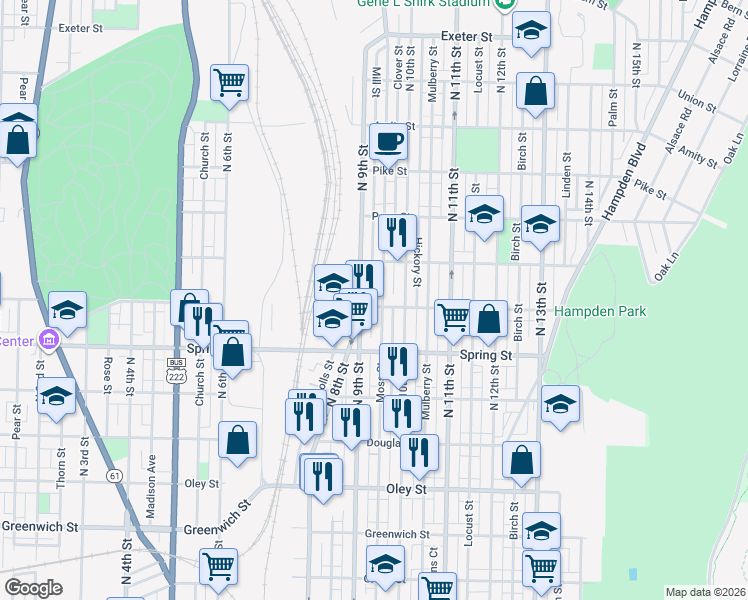 map of restaurants, bars, coffee shops, grocery stores, and more near 1049 North 9th Street in Reading