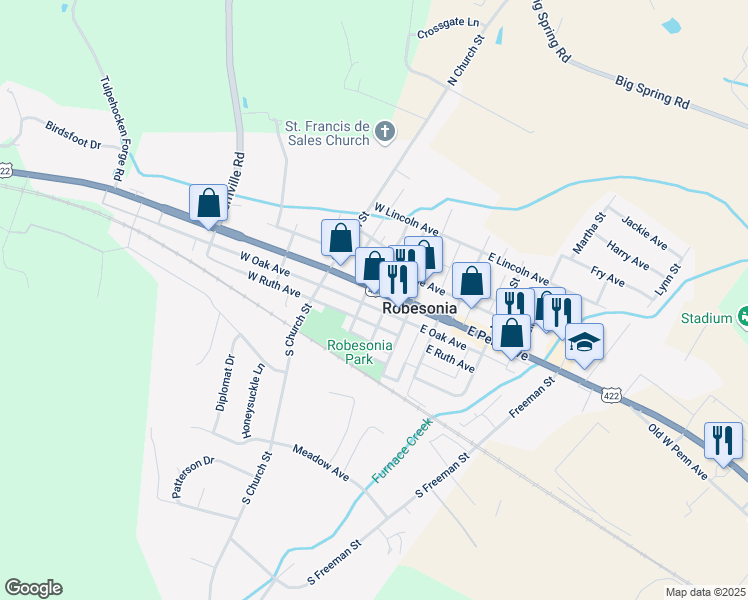 map of restaurants, bars, coffee shops, grocery stores, and more near 43 West Ruth Avenue in Robesonia