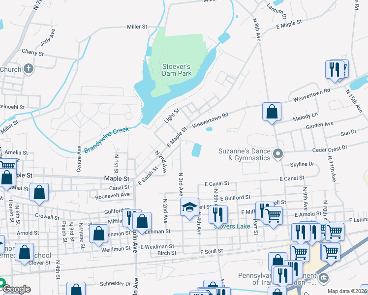 map of restaurants, bars, coffee shops, grocery stores, and more near 712 North 3rd Avenue in Lebanon