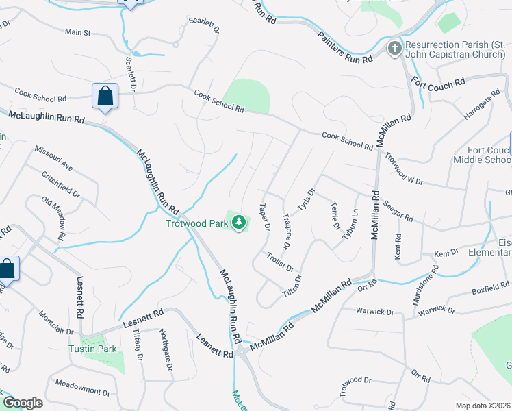 map of restaurants, bars, coffee shops, grocery stores, and more near 1807 Robson Drive in Pittsburgh
