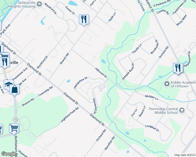 map of restaurants, bars, coffee shops, grocery stores, and more near 140 Hampshire Drive in Sellersville