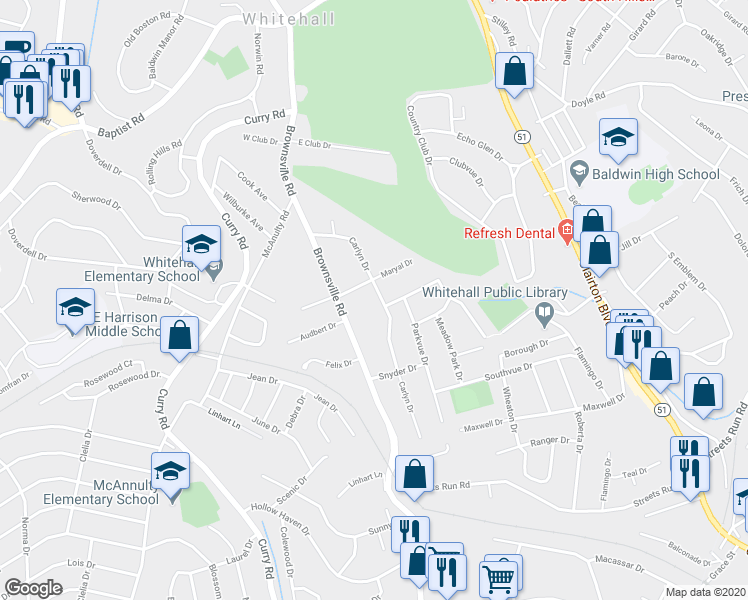 map of restaurants, bars, coffee shops, grocery stores, and more near 4932 Carlyn Drive in Pittsburgh