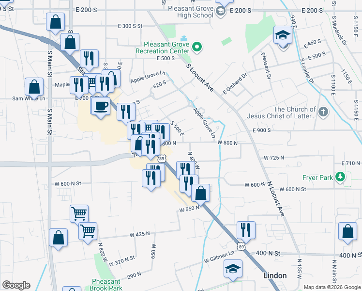 map of restaurants, bars, coffee shops, grocery stores, and more near 484 East 1000 South in Pleasant Grove