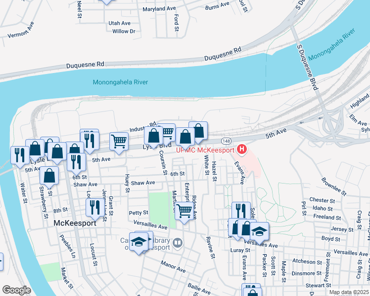 map of restaurants, bars, coffee shops, grocery stores, and more near 957 5th Avenue in McKeesport