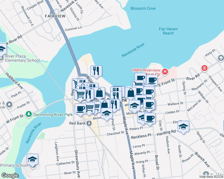 map of restaurants, bars, coffee shops, grocery stores, and more near 28 Riverside Avenue in Red Bank