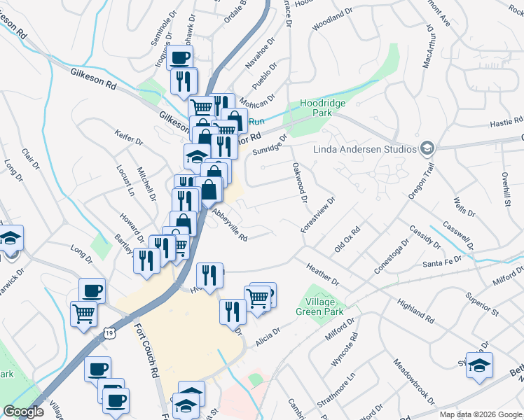 map of restaurants, bars, coffee shops, grocery stores, and more near 64 Sprucewood Drive in Pittsburgh